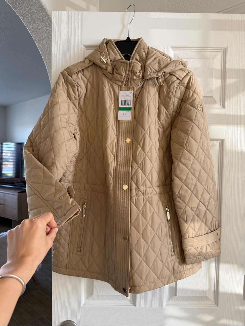 NWT Michael Kors Quilted Hooded Coat in Taupe